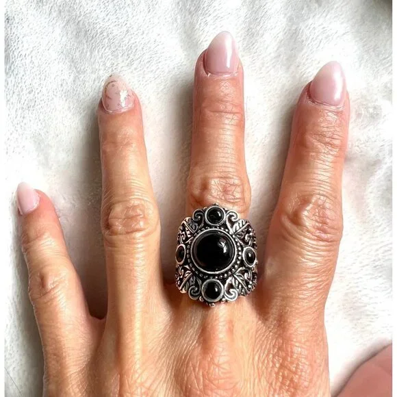 925 Protection Onyx 5 Stone Ring Sz 7 - Picture 3 of 6